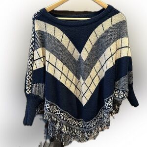 Navy and Cream Women's Sweater